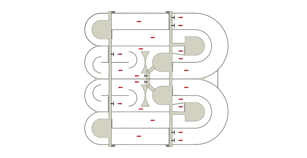 Схема циркуляции жидкости в резервуаре с погружными мешалками